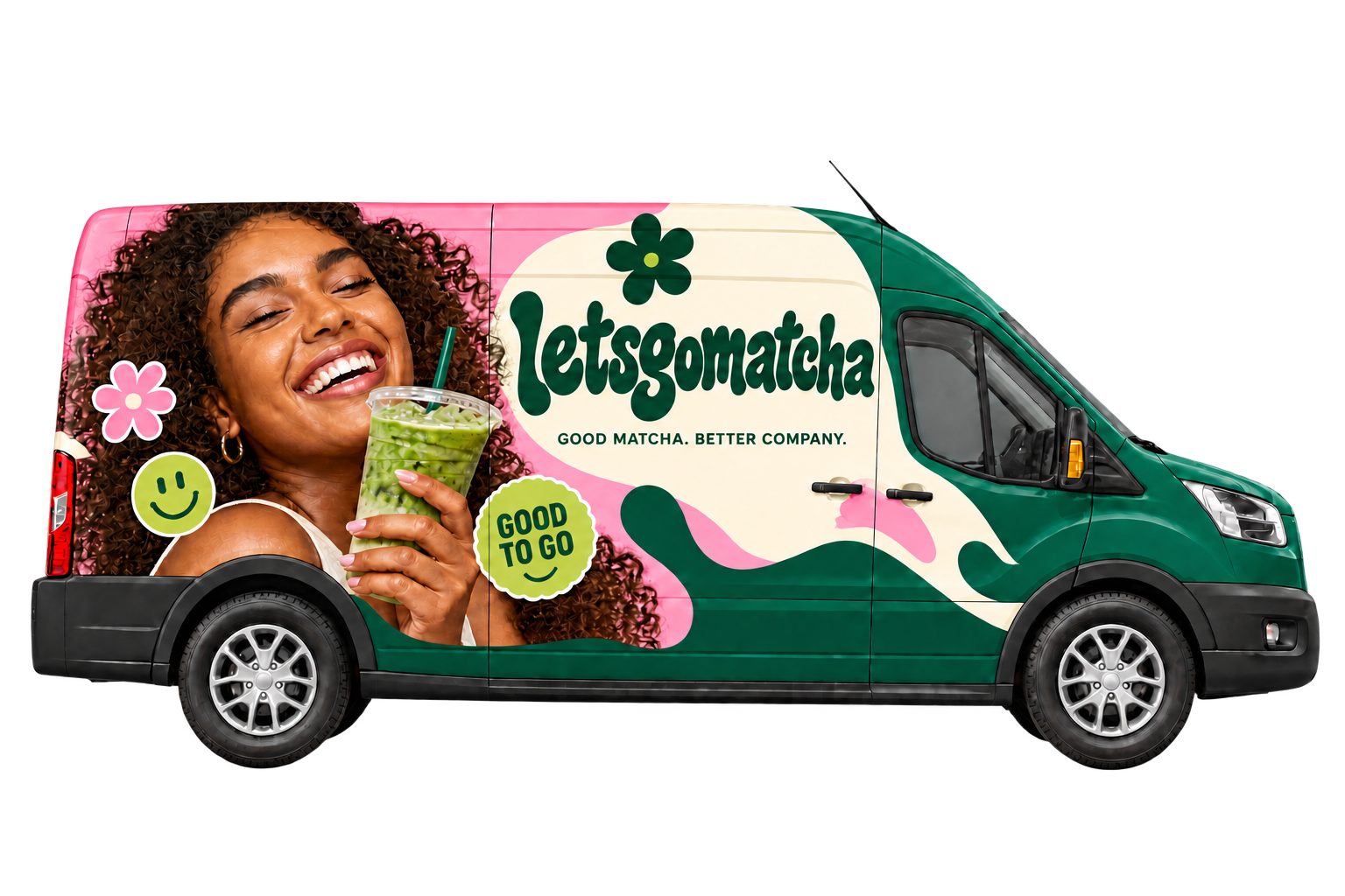 The pink and green letsgomatcha van, ready to bring the matcha bar to your event